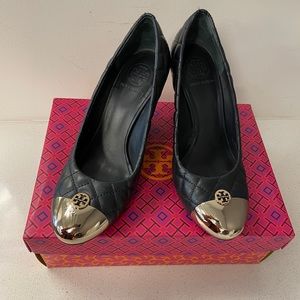 Tory Burch Navy Quilt Leather Wedge